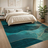 Teal Gold Wave Geometric Area Rug
