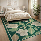 Emerald Green Floral Area Rug with White Blooms