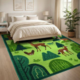 Whimsical Green Forest Deer Wildlife Area Rug