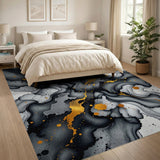 Black Ink Flow with Gold Veins Abstract Rug