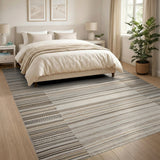 Beige Neutral Striped Fringe Boho Area Rug