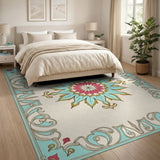 Teal Pink Floral Medallion Persian Area Rug