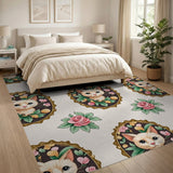 Vintage White Cat Portrait Pink Rose Area Rug