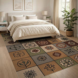 ODIKA Washable Vintage Mosaic Medallion Area Rug - Low Pile Non-Slip Folk Art Pattern