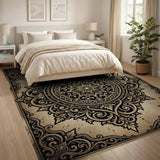 Black and White Ornate Mandala Distressed Vintage Area Rug