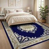 Blue and Teal Navy Blue Ornate Gold Medallion Area Rug
