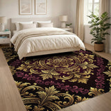Opulent Gold Filigree on Burgundy Area Rug