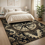 Black and White Vintage Nautical Compass Rose Area Rug