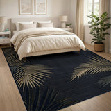 Black Textured Rug with Gold Palm Leaves