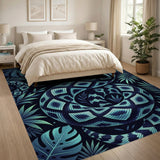 Teal Diamond Snake Coiled in Monstera Leaves Rug