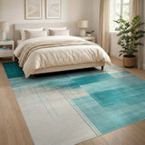 Blue and Teal Teal Blue Geometric Block Area Rug