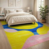 Vibrant Yellow Abstract Rug with Blue Loops Pink Curves
