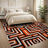 Vibrant Orange Maze Geometric Area Rug