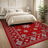 Festive Red Snowflake Area Rug with White Floral Motifs
