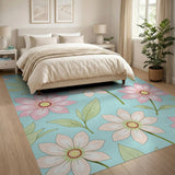 Teal Blue Pink Flower Floral Area Rug