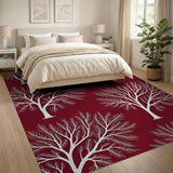 White Bare Tree Silhouettes on Deep Red Area Rug