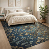 Elegant Blue Damask Floral Vintage Rug