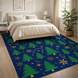 Festive Navy Christmas Trees Gold Stars Rug