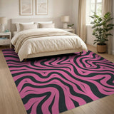 Vibrant Pink Wavy Waves on Black Area Rug