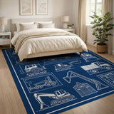Washable Navy Blue Construction Blueprint Kids Area Rug Low Pile Non-Slip