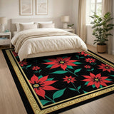 Red Poinsettia Floral Area Rug on Black