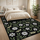 White Daisy Dragonfly Floral Area Rug - Black