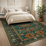 Teal Green Persian Rug with Orange Geometric Motifs