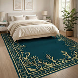 Ornate Gold Floral Teal Border Area Rug