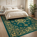 Blue and Teal Teal Gold Ornate Floral Medallion Rug