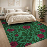 Vintage Red Rose Floral Teal Green Rug