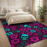 Vibrant Pink Teal Floral Skull Area Rug