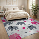 Pink Playful Pink Grey Elephant Kids Area Rug