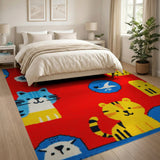 Playful Cartoon Tiger Cat Red Kids Area Rug