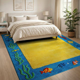 Yellow Shag Rug with Playful Cartoon Fish Border