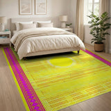 Vibrant Yellow Sunburst Rug with Pink Geometric Borders