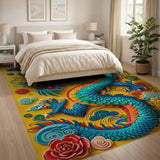 Coiled Blue Dragon with Peonies Clouds Area Rug