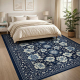 ODIKA Washable Navy Blue Floral Area Rug - Low Pile Non-Slip & Pet Friendly