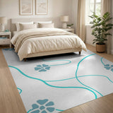 Teal Wavy Lines Blue Floral Abstract Area Rug