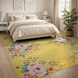 Vintage Pink Peony Floral Area Rug on Yellow