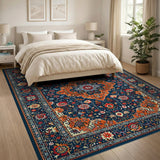Multi-color and Patterns Navy Persian Area Rug with Vibrant Orange Florals