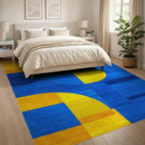 Bold Blue Yellow Curved Geometric Area Rug