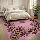 Opulent Pink Gold Floral Ornate Border Rug