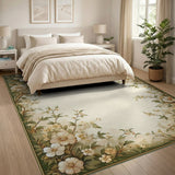 Vintage Green Floral Border Cream Area Rug