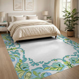 Teal Floral Vintage Border Area Rug