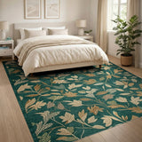 Vintage Teal Green Leaf Floral Area Rug