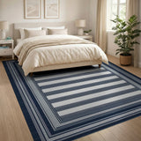 Navy Blue and Grey Striped Geometric Rug