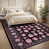 Pink Daisy Floral Black Area Rug