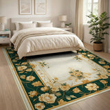 Ornate Green Gold Peony Border Area Rug