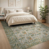 Cream Floral Vintage Area Rug with Green Border