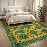 Teal Floral Persian Motif on Yellow Area Rug